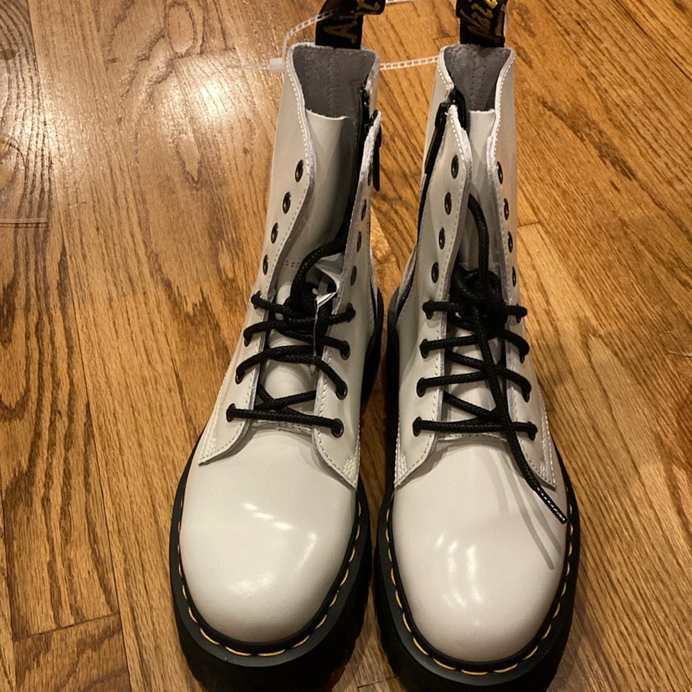 White and Black Combat Boots with Textured Leather Upper